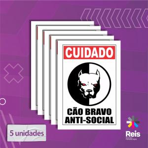 Placa - Cuidado cão bravo - 5 unidades Pvc adesivado 20x15cm   Corte Reto 